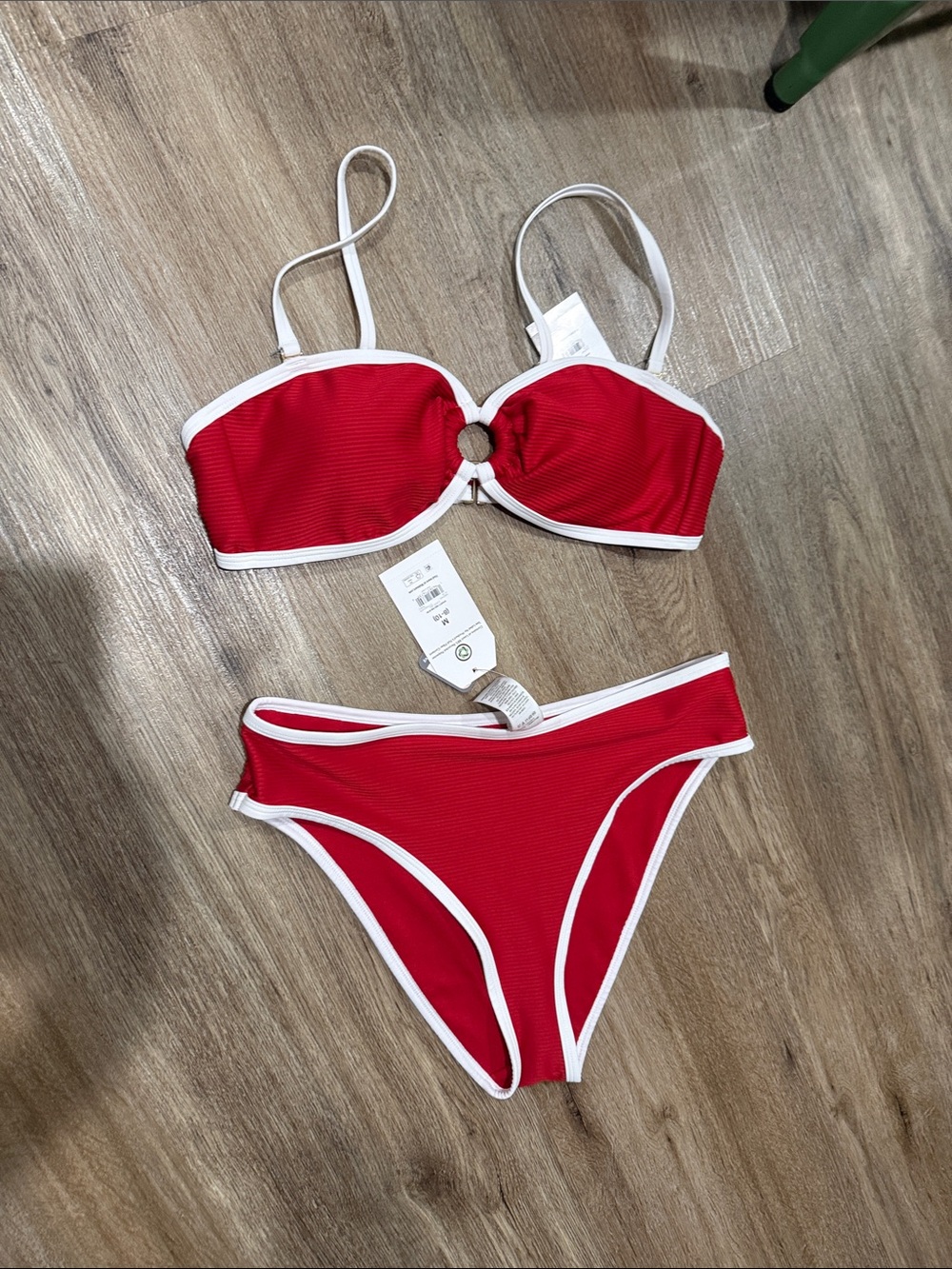 NWT Red and White Piping Teim Ring-Front Athletic Look Bikini Top L and Bottom M